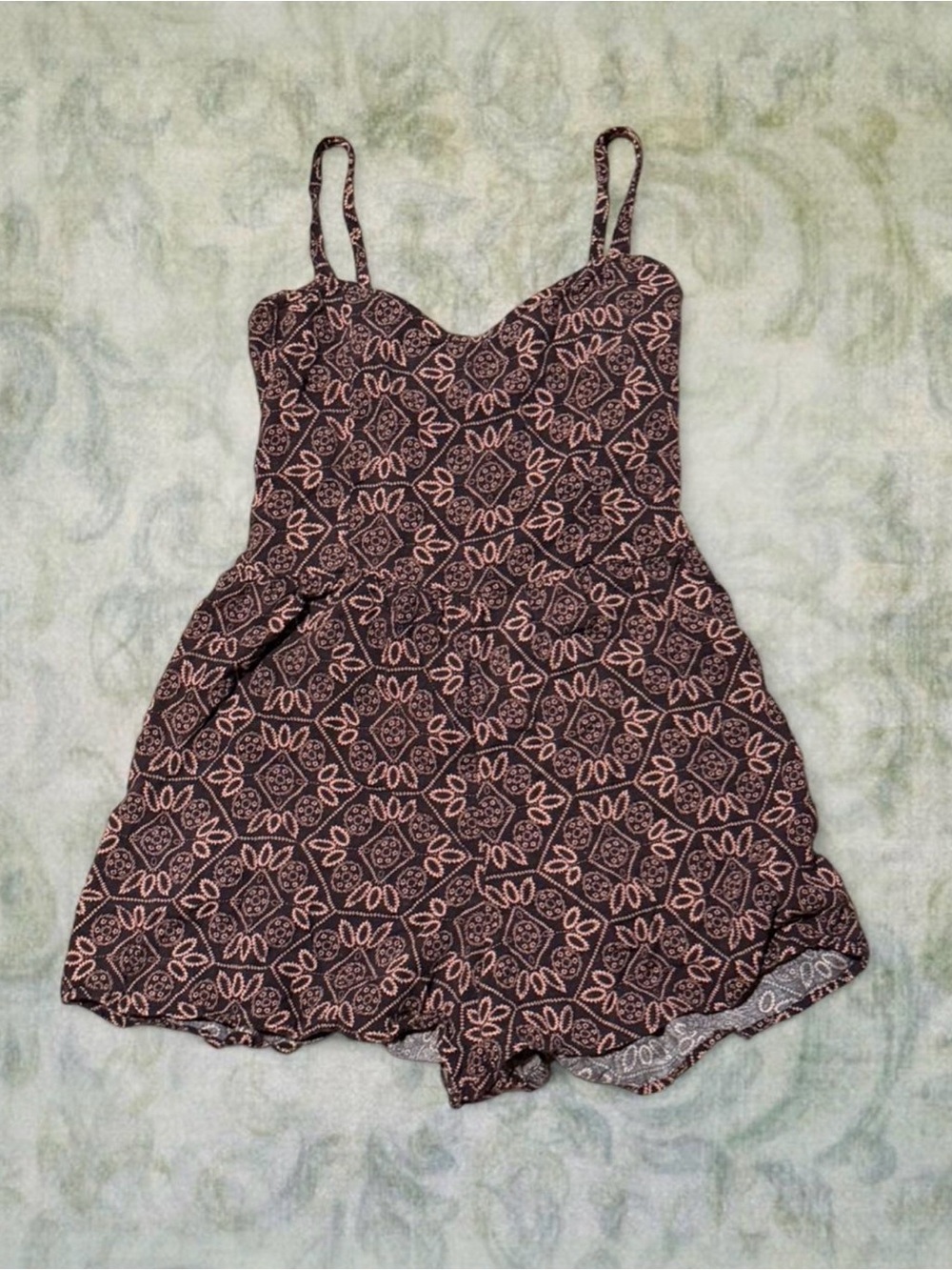 Papaya Brown Romper with Cream Floral Medallion Print